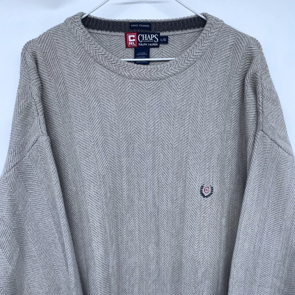 Vintage 90s Chaps Ralph Lauren Mens Herringbone Knit Sweater Lg Beige Crew Neck‎